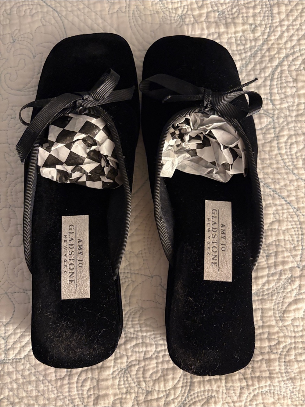 Black Velvet Square-Toe Ballet Flats with Bow